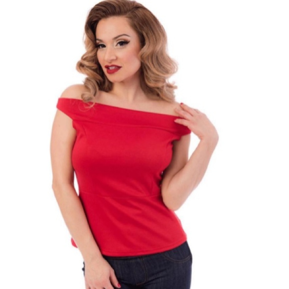 Rock Steady Red Off The Shoulder Retro Pinup Rockabilly Marilyn Top